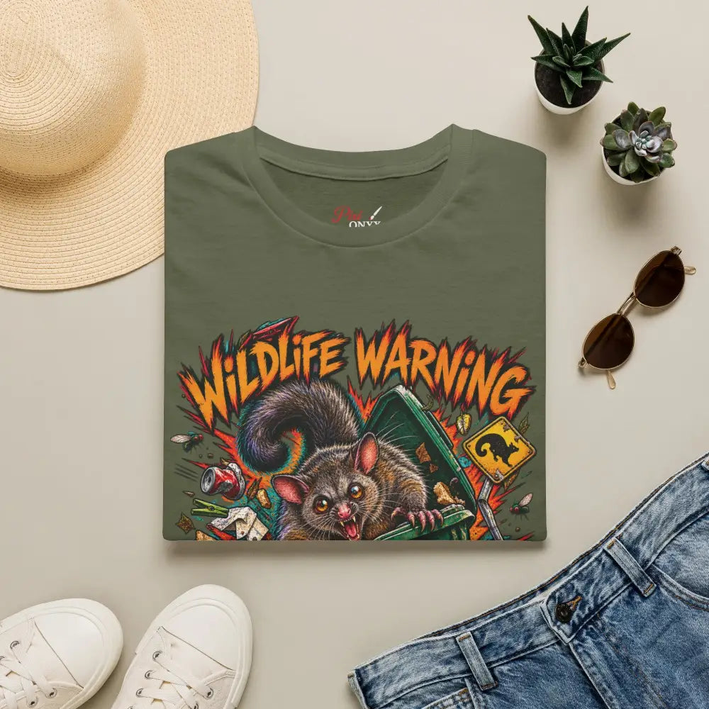 Olive green unisex t-shirt featuring a vibrant cartoon possum wildlife warning design made of ring-spun cotton with low heat care instructions