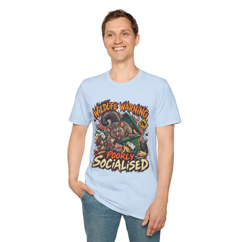 Light blue ring-spun cotton unisex t-shirt with vibrant cartoon possum wildlife warning design and low heat care instructions