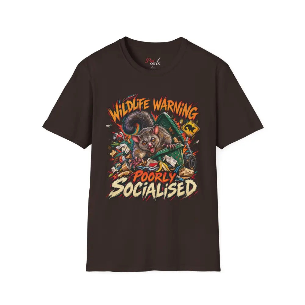 Dark brown unisex ring-spun cotton t-shirt with wildlife warning cartoon possum graphic and low heat care instructions
