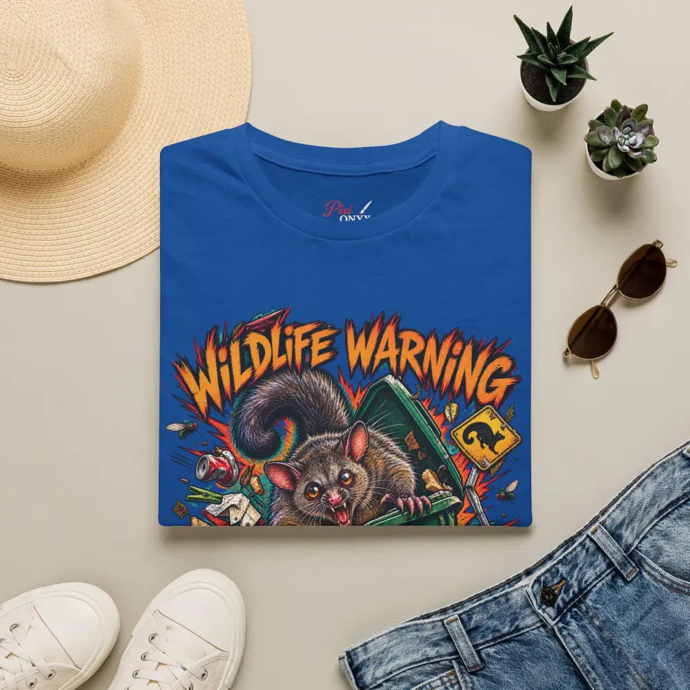 Blue ring-spun cotton unisex t-shirt with wildlife warning cartoon possum design featuring care instructions for low heat wash