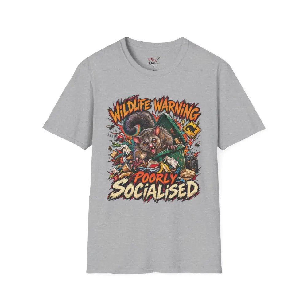 Gray ring-spun cotton unisex t-shirt featuring a wildlife warning cartoon possum design with care instructions for low heat