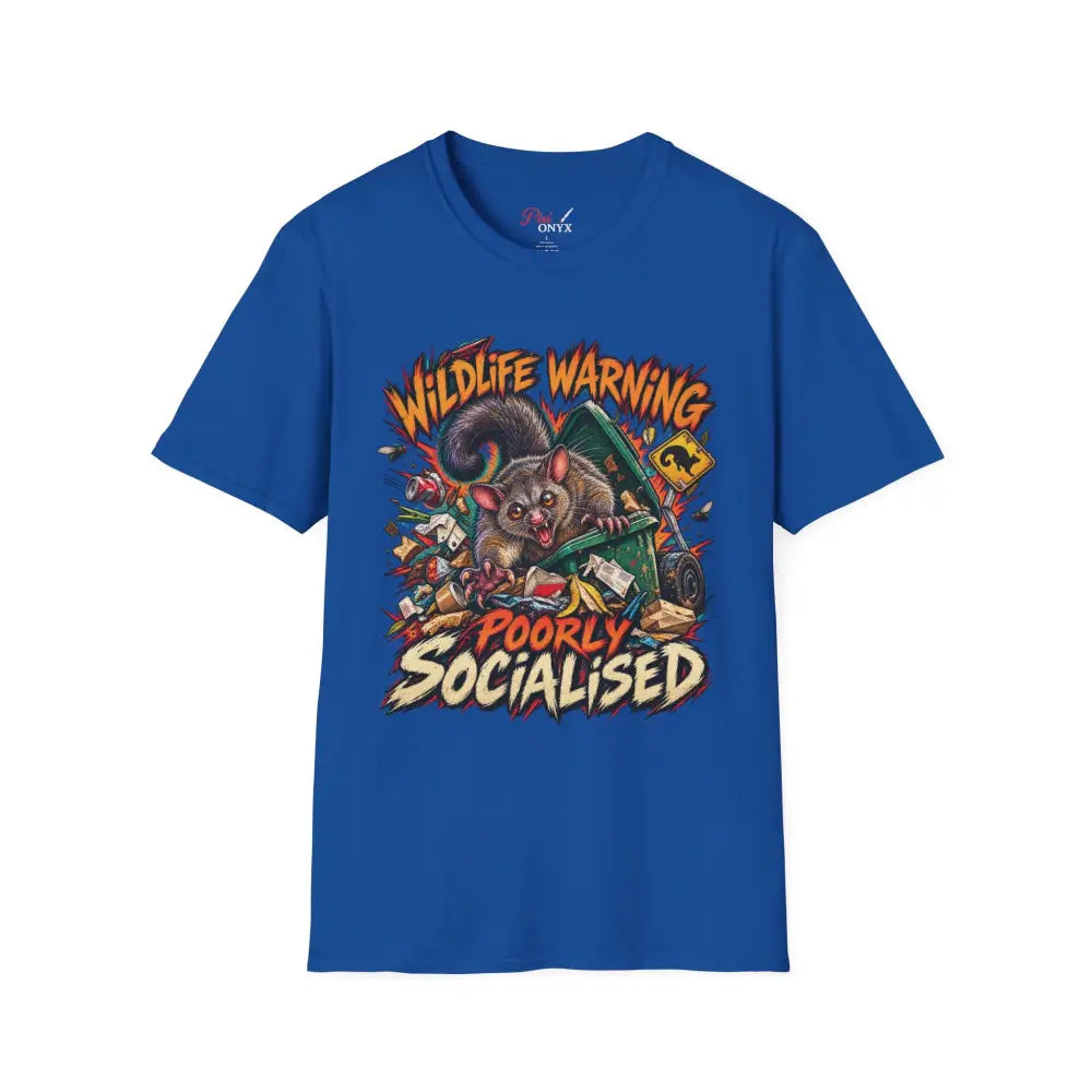 Royal blue unisex short-sleeved t-shirt with cartoon possum graphic made of ring-spun cotton with low heat care instructions
