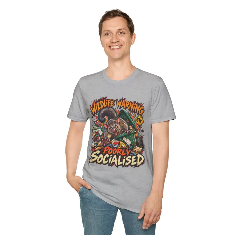 Gray unisex short-sleeved t-shirt with colorful cartoon possum graphic in ring-spun cotton, low heat care instructions