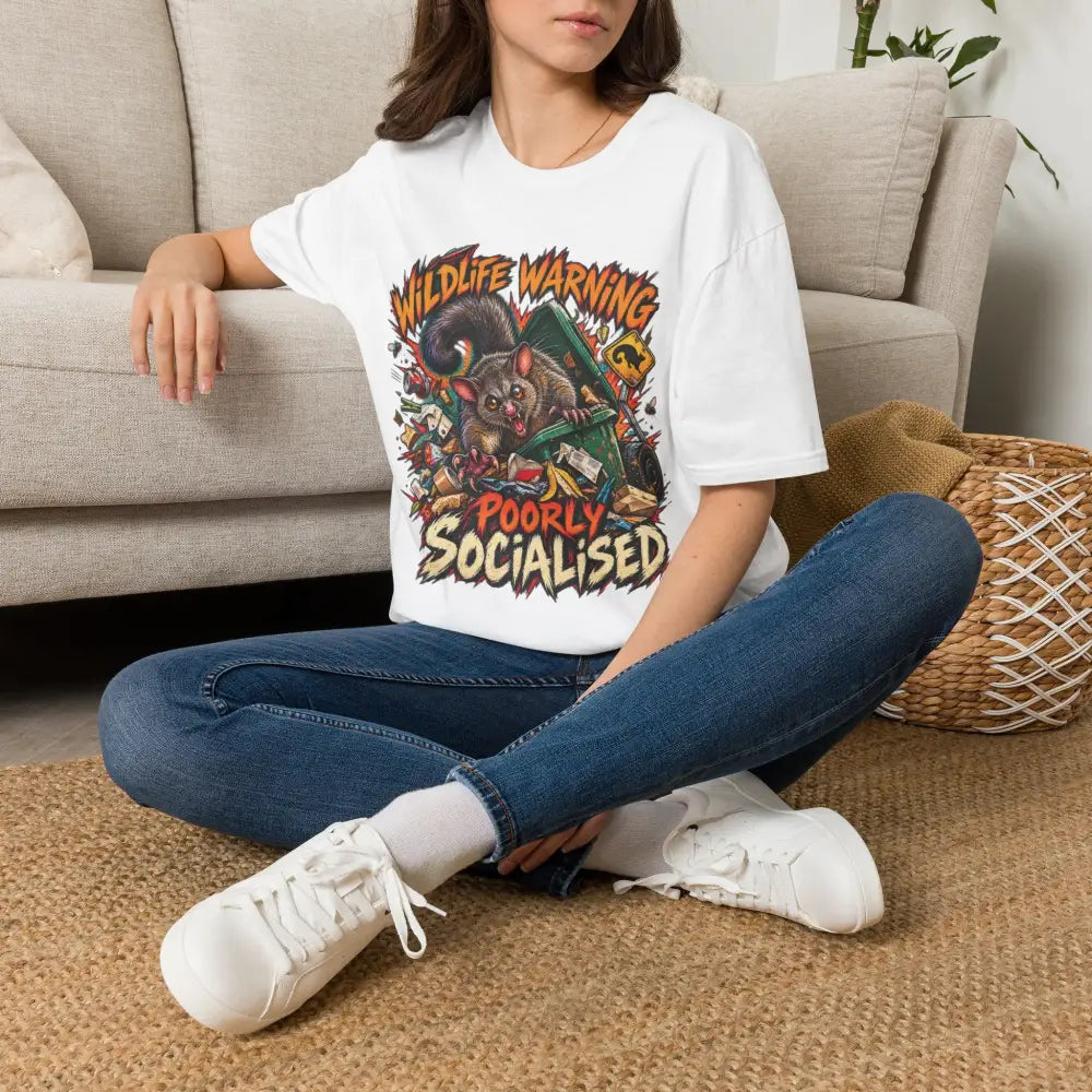 White unisex t-shirt made of ring-spun cotton with colorful marsupial graphic and wildlife warning text care low heat wash