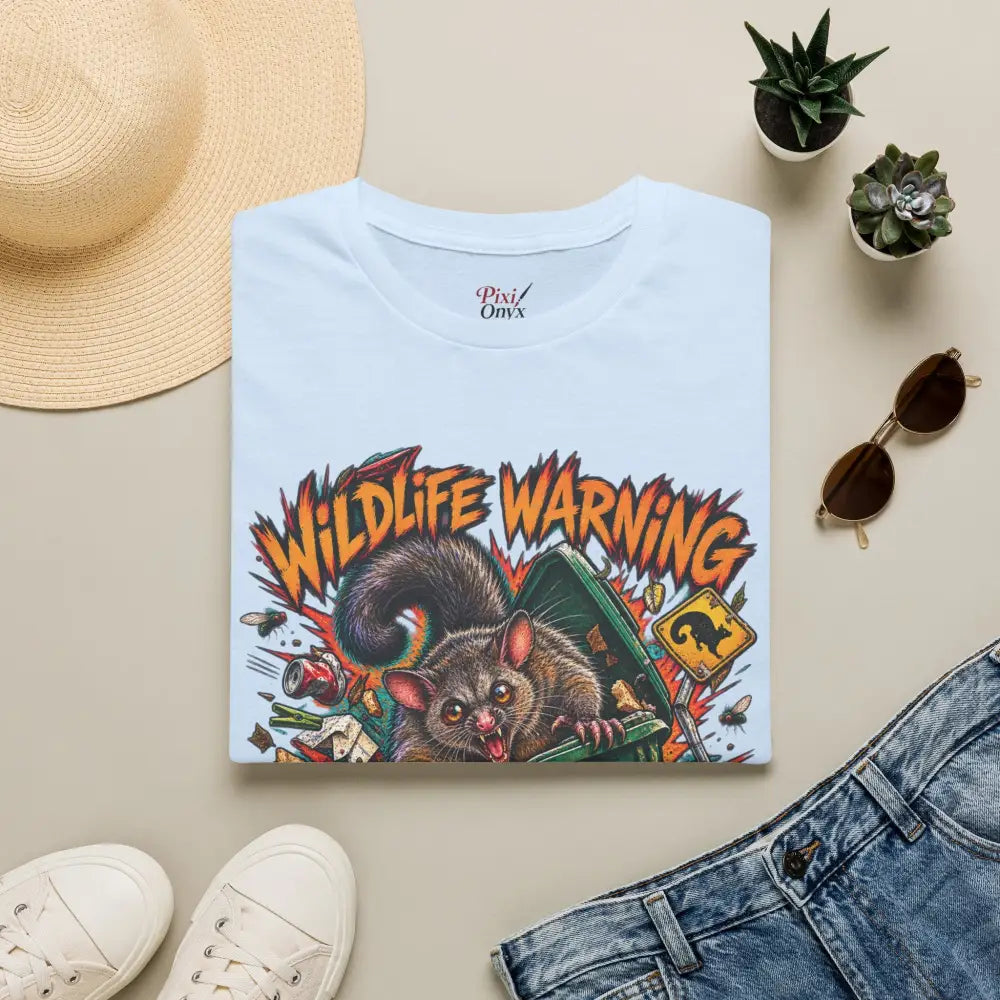 Light blue unisex t-shirt with wildlife warning cartoon possum design made of ring-spun cotton, low heat care instructions