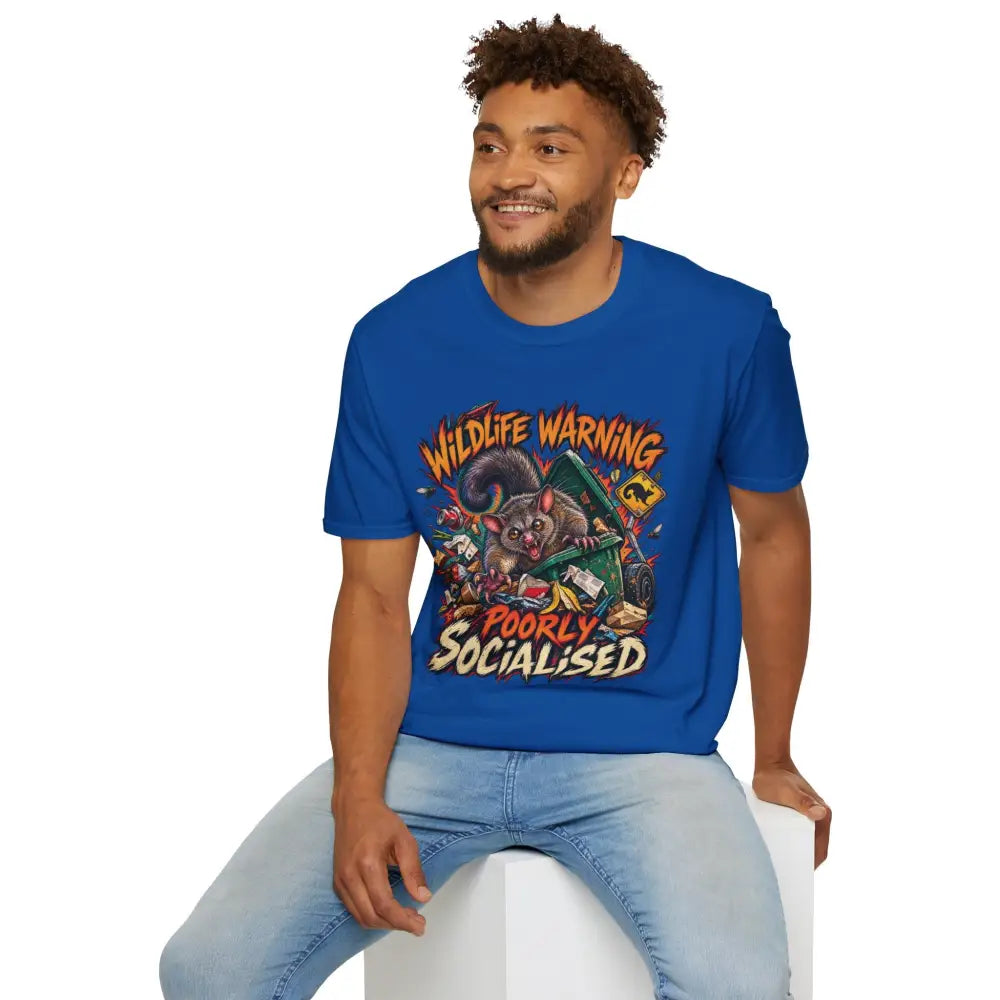 Blue unisex ring-spun cotton t-shirt featuring a wildlife warning cartoon possum design with care instructions low heat