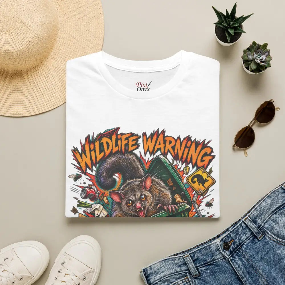 Unisex white ring-spun cotton t-shirt with colorful wildlife warning possum graphic care instructions low heat wash