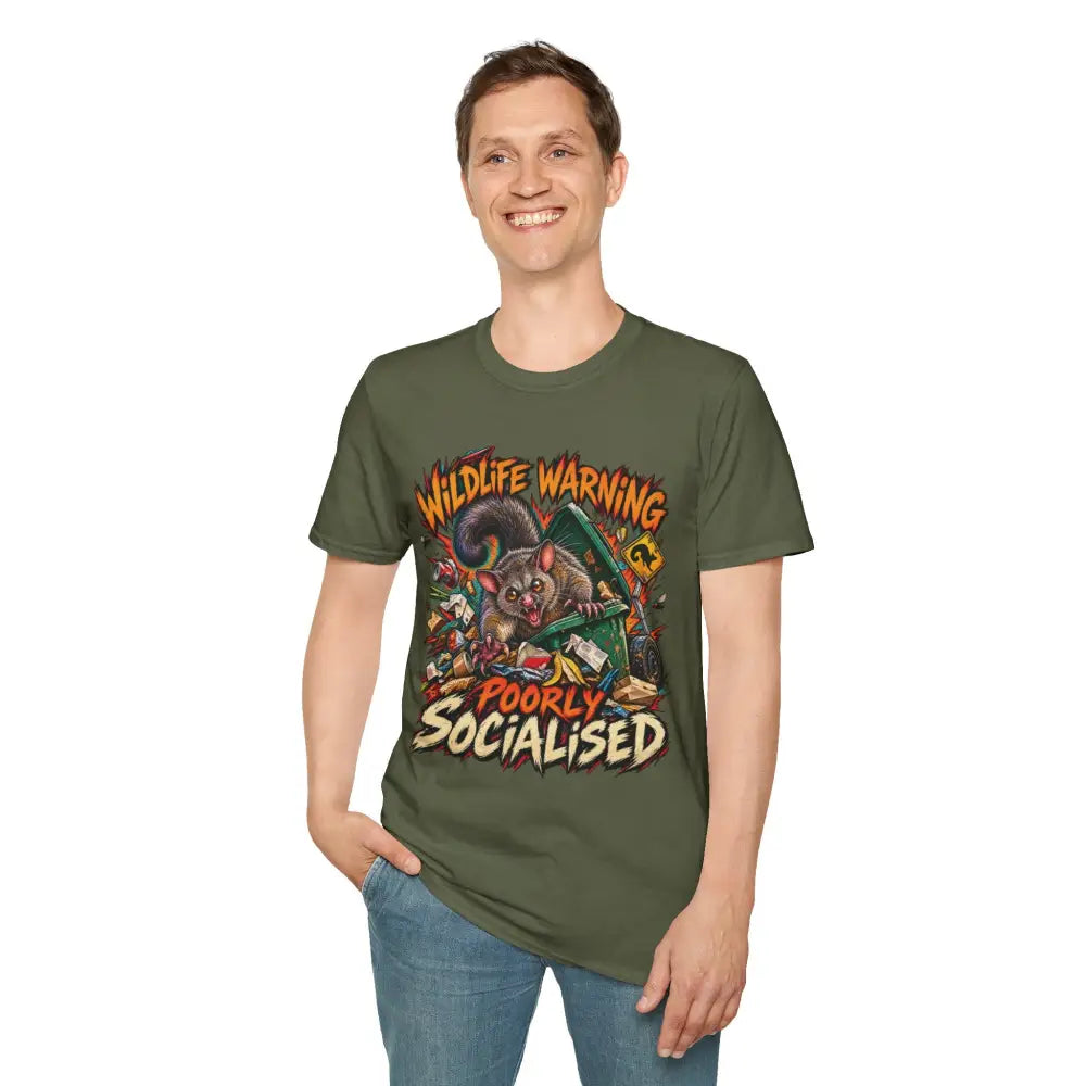 Olive green unisex short-sleeved t-shirt in ring-spun cotton with a wildlife warning cartoon possum graphic and care instructions for low heat