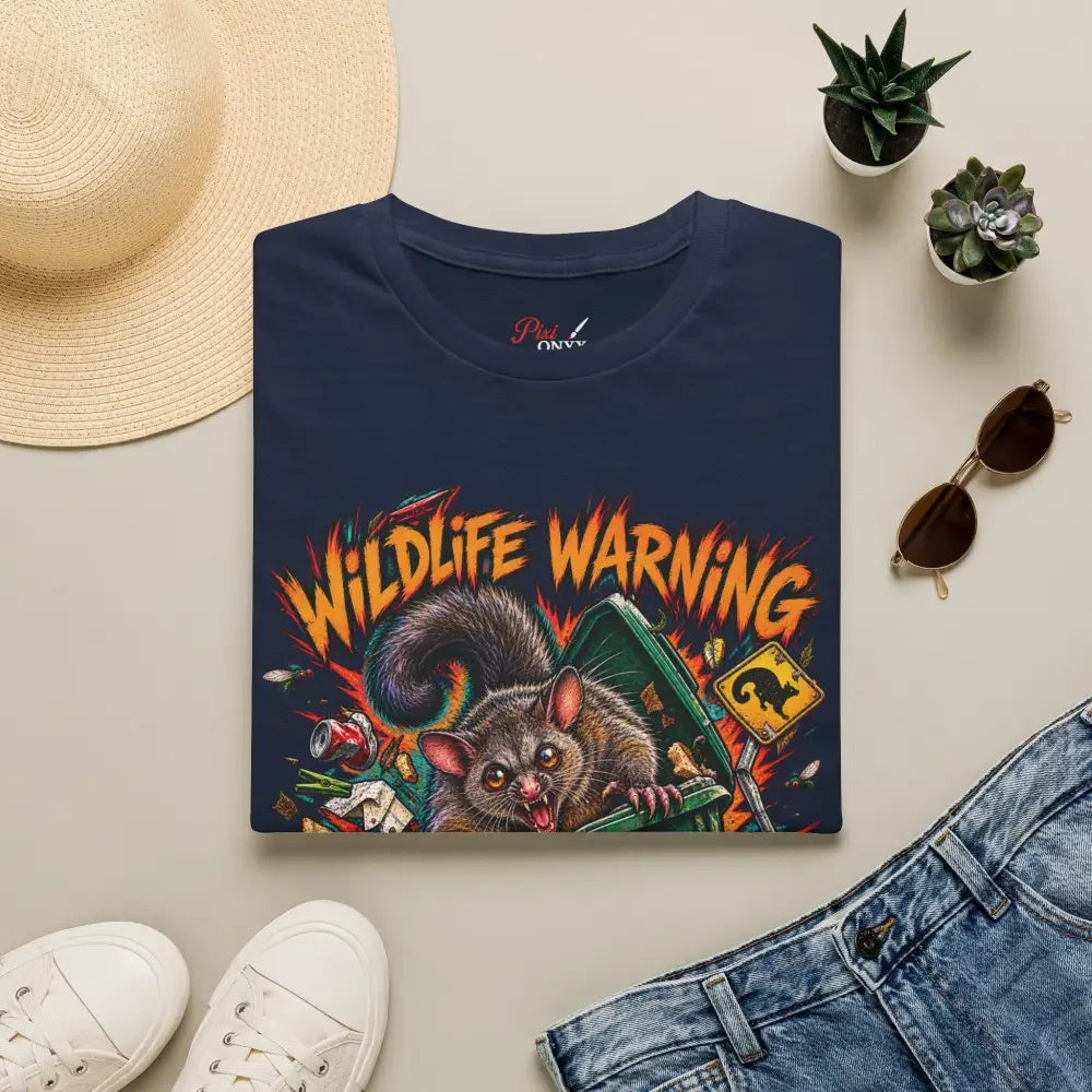 Navy blue unisex t-shirt made of ring-spun cotton featuring a vibrant wildlife warning cartoon possum design with care instructions for low heat washing