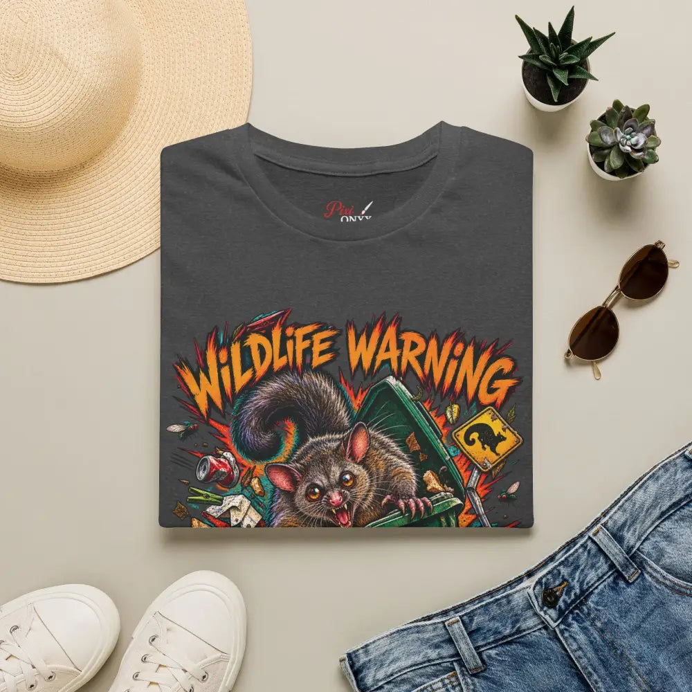 Dark gray unisex t-shirt made of ring-spun cotton featuring a vibrant cartoon possum with wildlife warning text and low heat care instructions