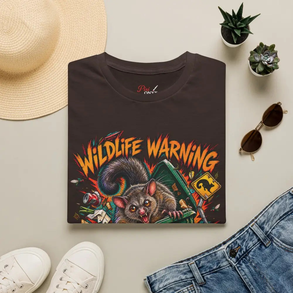 Dark brown unisex t-shirt with vibrant wildlife warning cartoon possum design made of ring-spun cotton with low heat care instructions