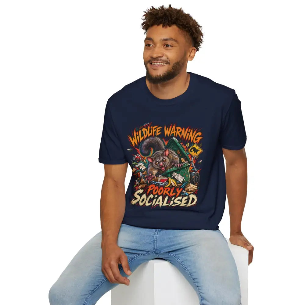 Navy blue unisex t-shirt featuring a colorful cartoon possum graphic made of ring-spun cotton with low heat care instructions