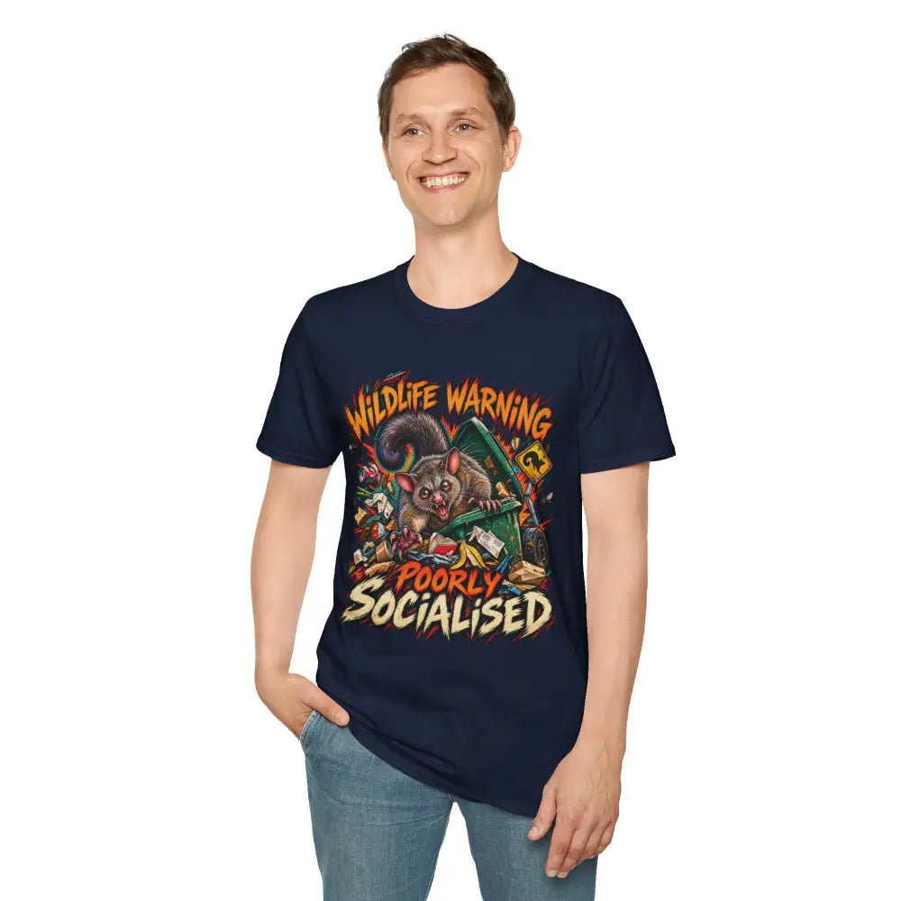 Navy blue unisex t-shirt made of ring-spun cotton featuring a colorful possum graphic with wildlife warning text, low heat care instructions