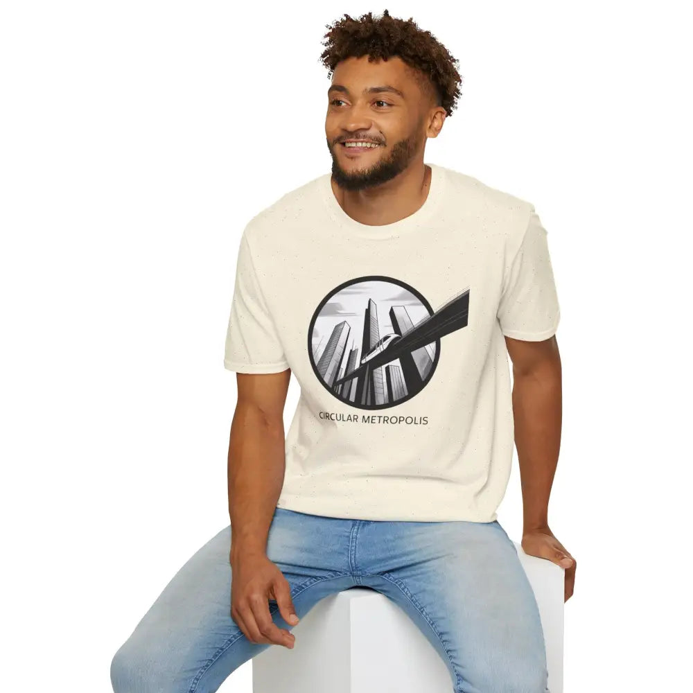 Cream-colored unisex softstyle t-shirt with city skyline graphic and ribbed knit collar