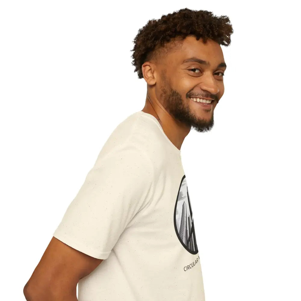 Unisex softstyle t-shirt with circular metropolis graphic, ribbed knit collar, sustainable production