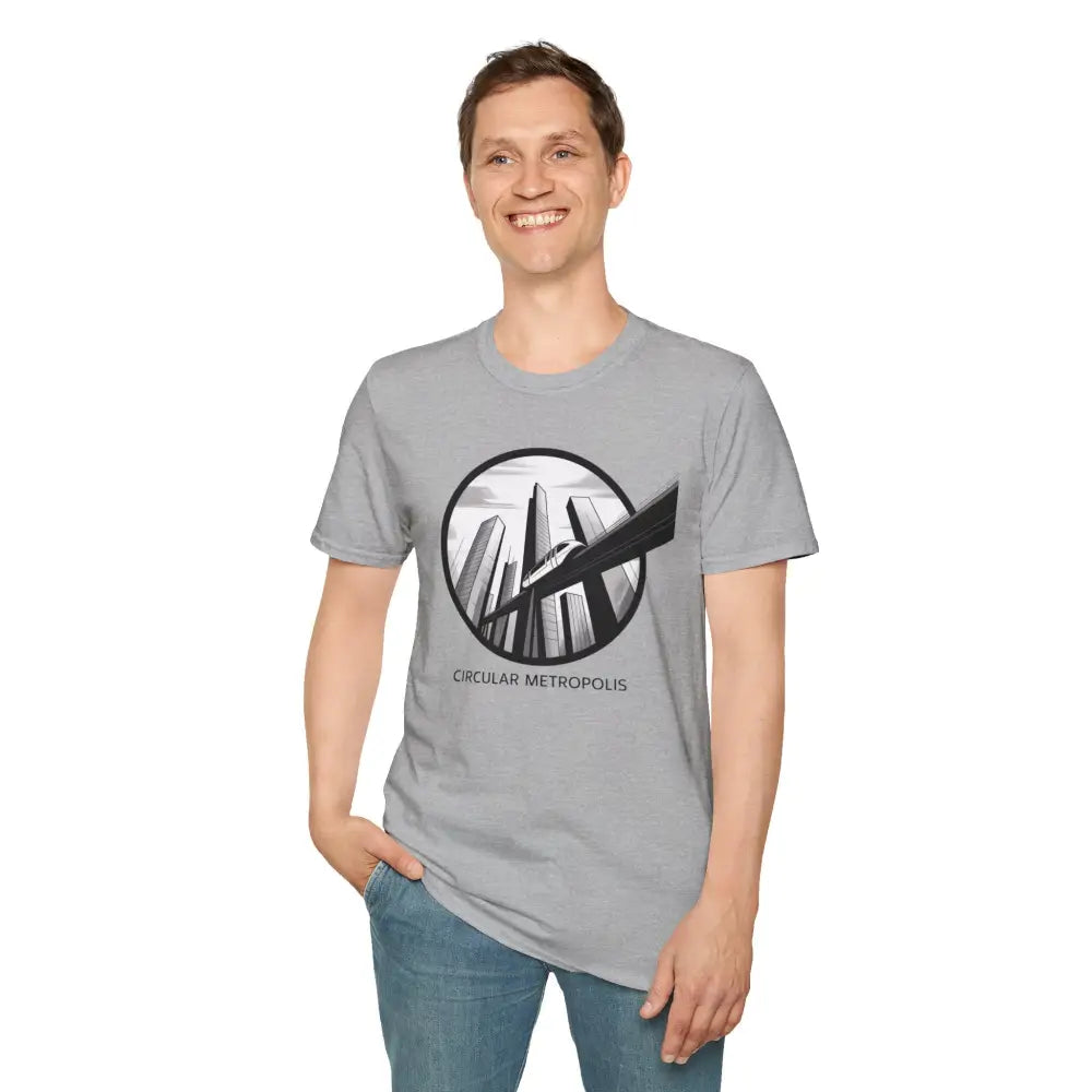 Unisex softstyle t-shirt with circular metropolis graphic and ribbed knit collar