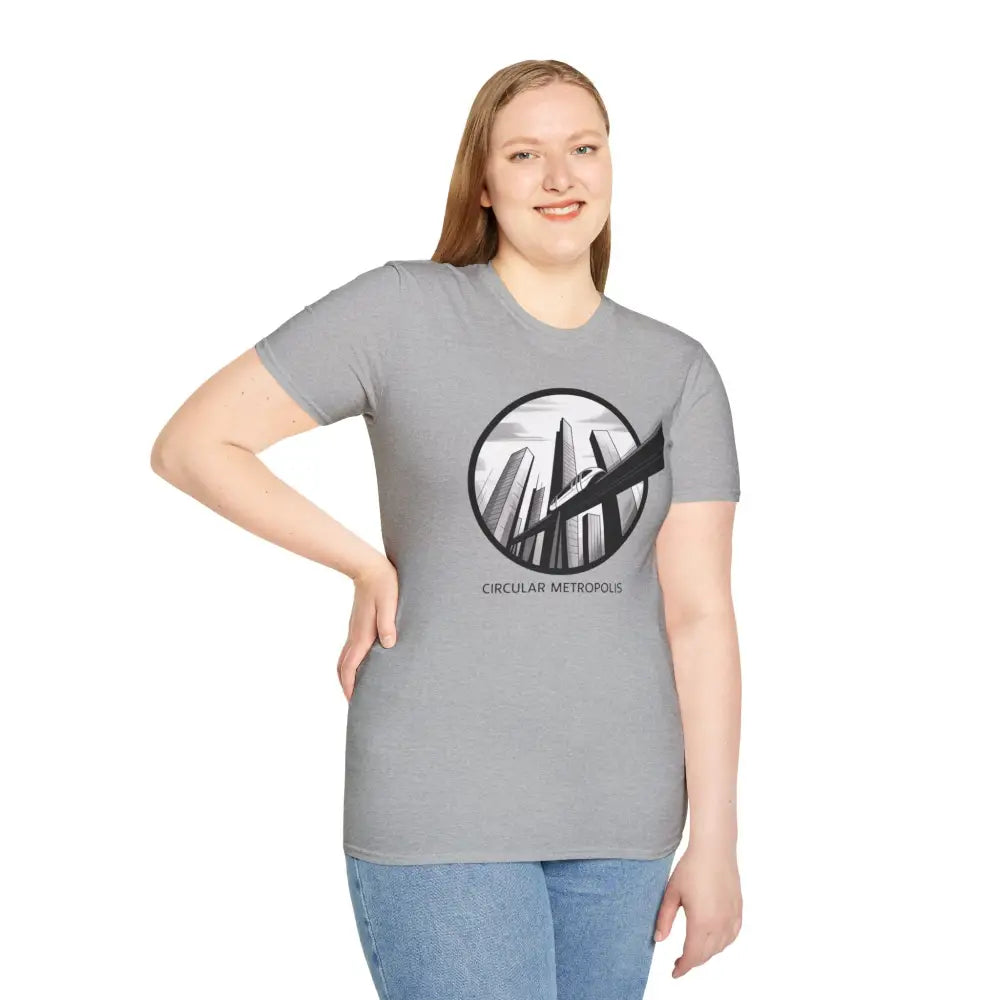 Woman in unisex softstyle t-shirt with Circular Metropolis graphic and ribbed knit collar