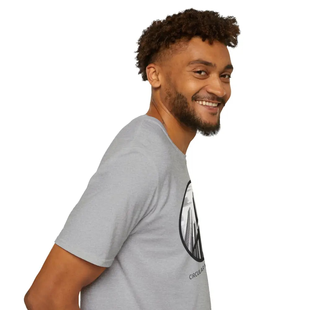 Unisex softstyle t-shirt with circular metropolis graphic, ribbed knit collar, sustainable production