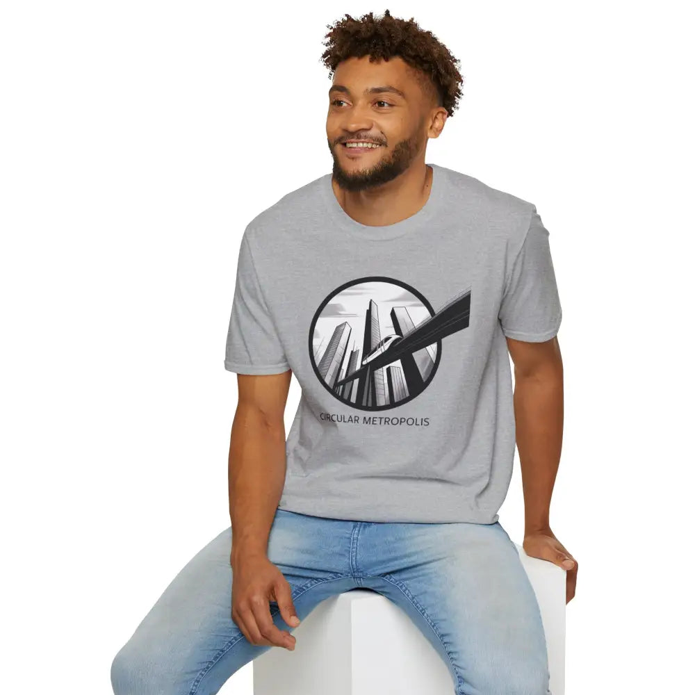 Light gray unisex softstyle t-shirt with circular metropolis graphic and ribbed knit collar