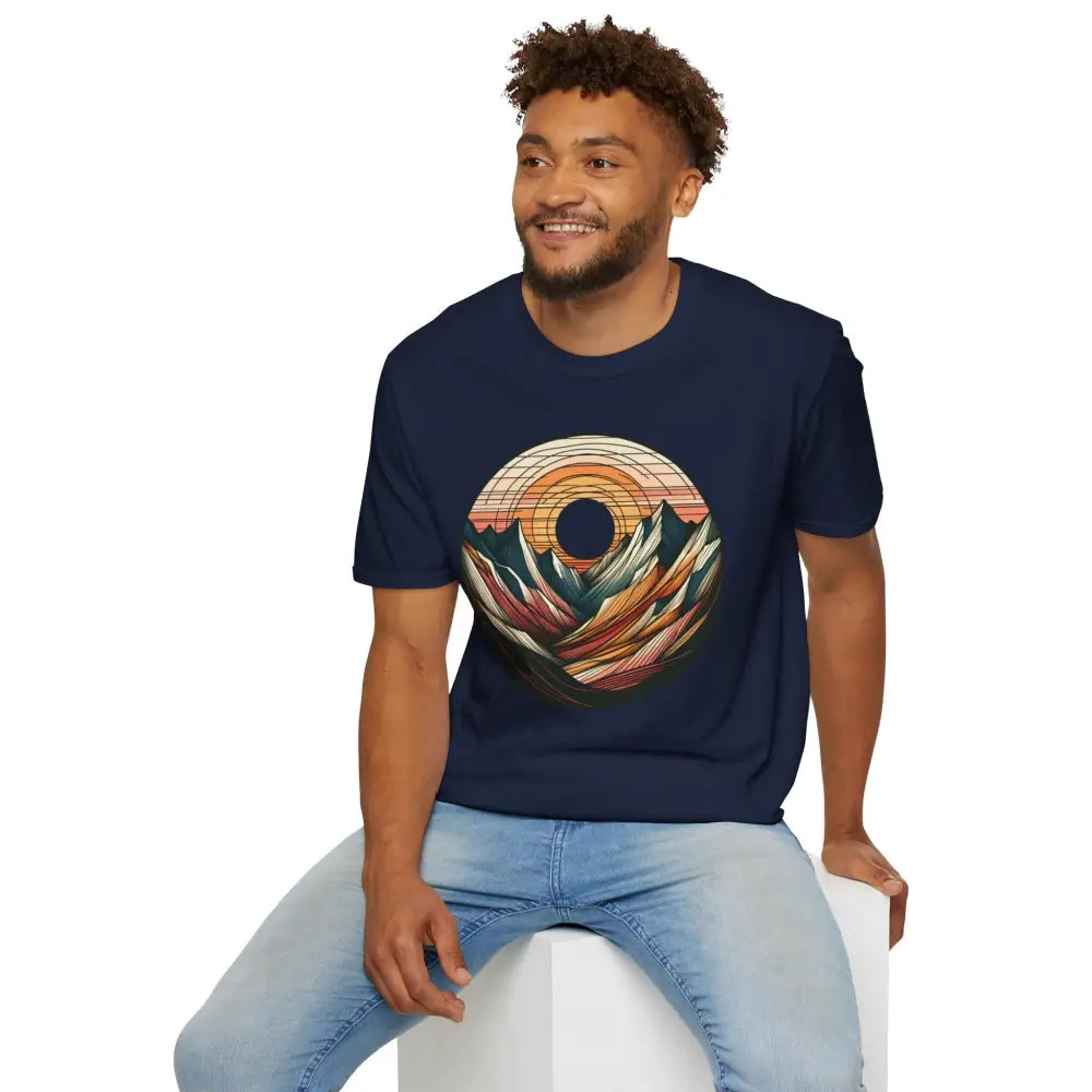 Unisex softstyle t-shirt designed with colorful mountain sunset graphic and elastic ribbed collar