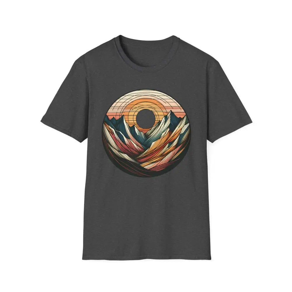 Dark gray softstyle t-shirt designed with colorful mountain sunset graphic and elastic ribbed collar