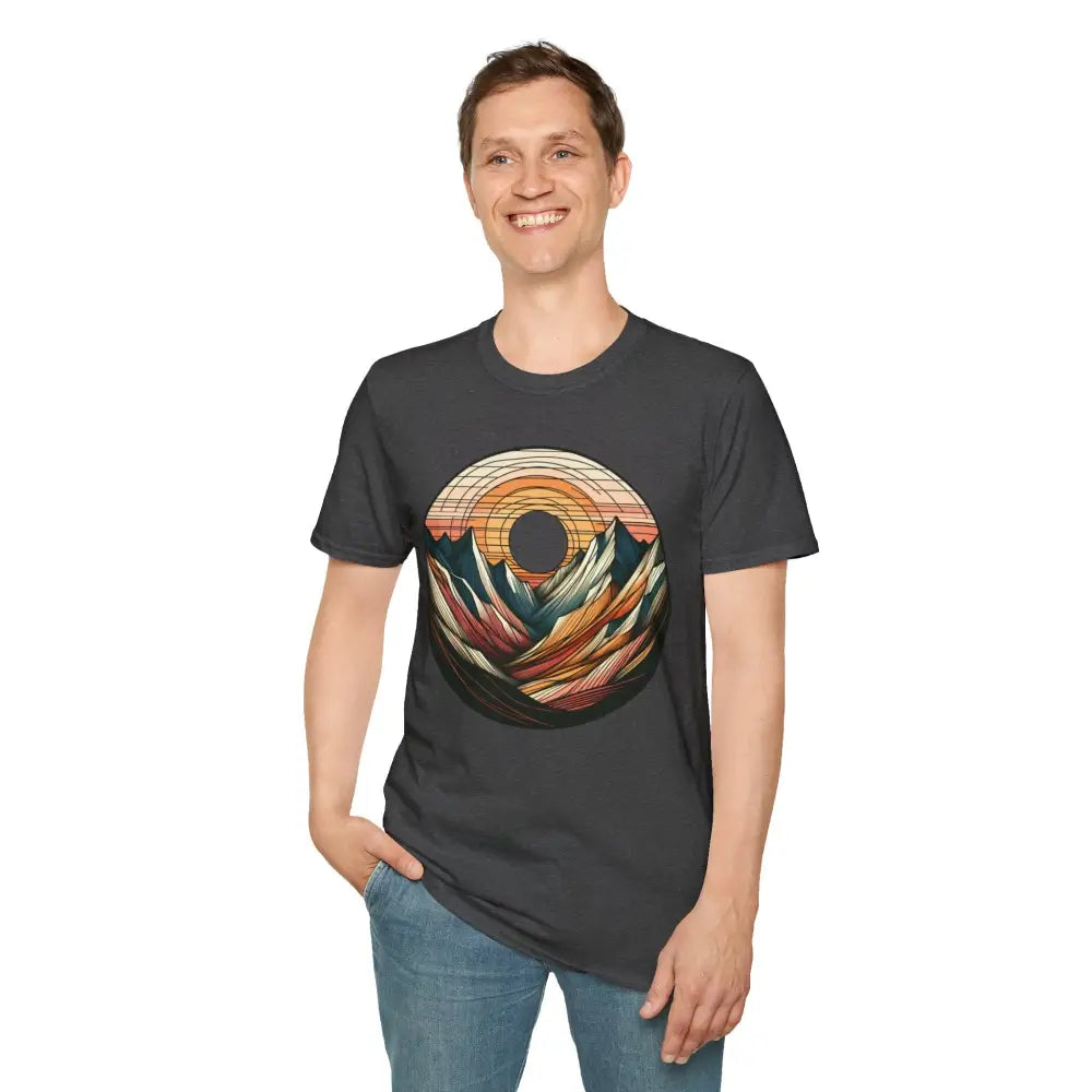 Dark grey Vintage Mountain Vibes softstyle t-shirt with colorful mountain sunset graphic
