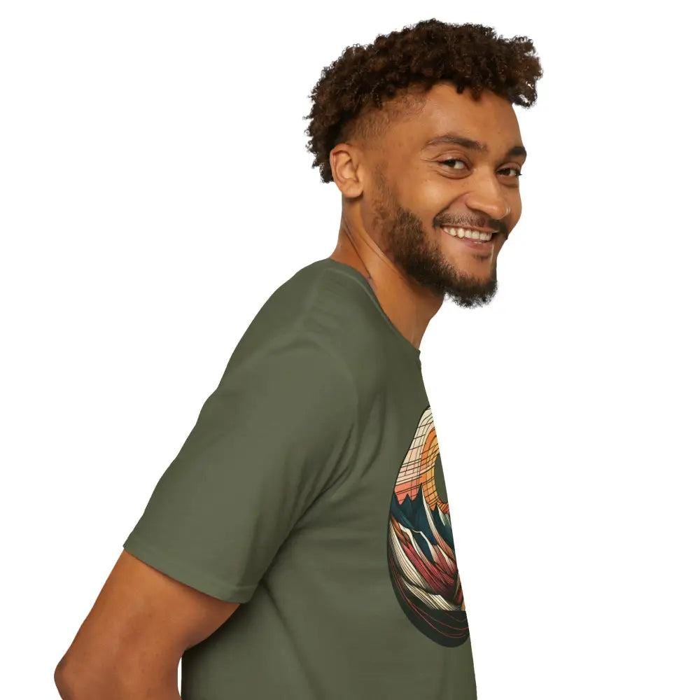 Man wearing a softstyle t-shirt designed with colorful circular graphic, elastic ribbed collar