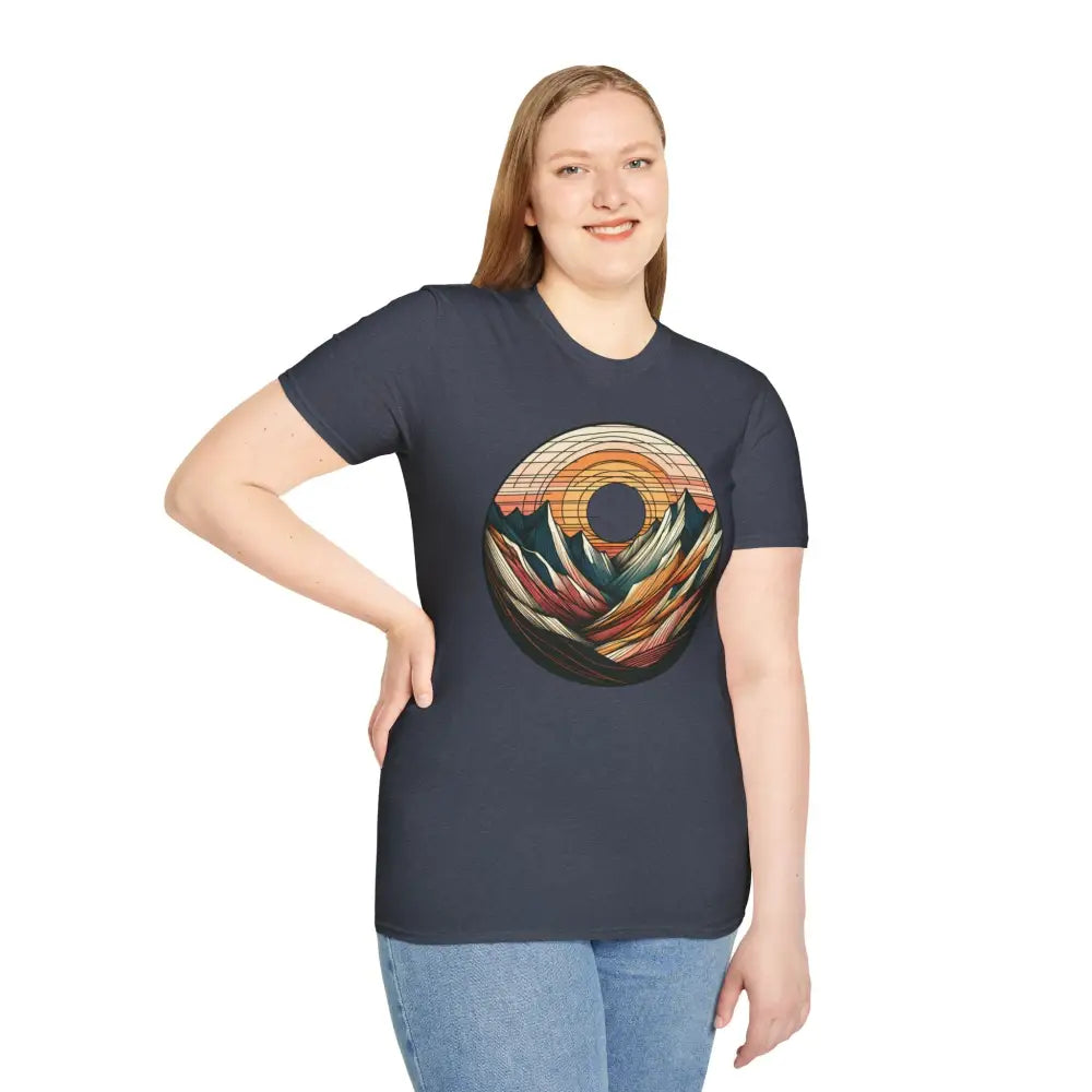 Dark blue softstyle t-shirt designed with colorful mountain sunset graphic and elastic ribbed collar