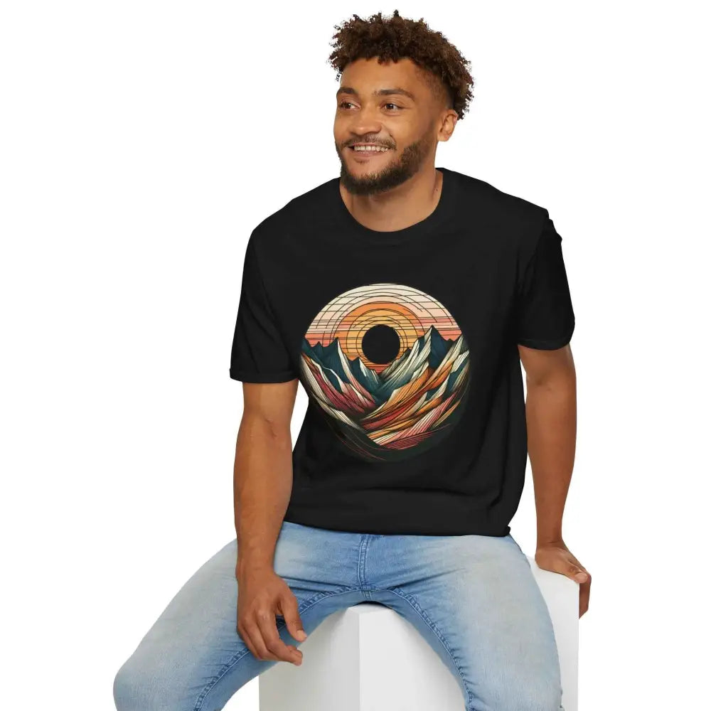 Black softstyle t-shirt designed with colorful mountain sunset graphic and elastic ribbed collar