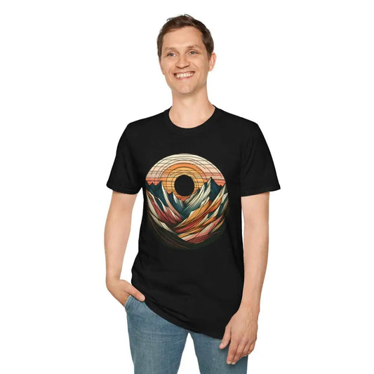 Black softstyle t-shirt designed with colorful mountain and sunset graphic, elastic ribbed collar