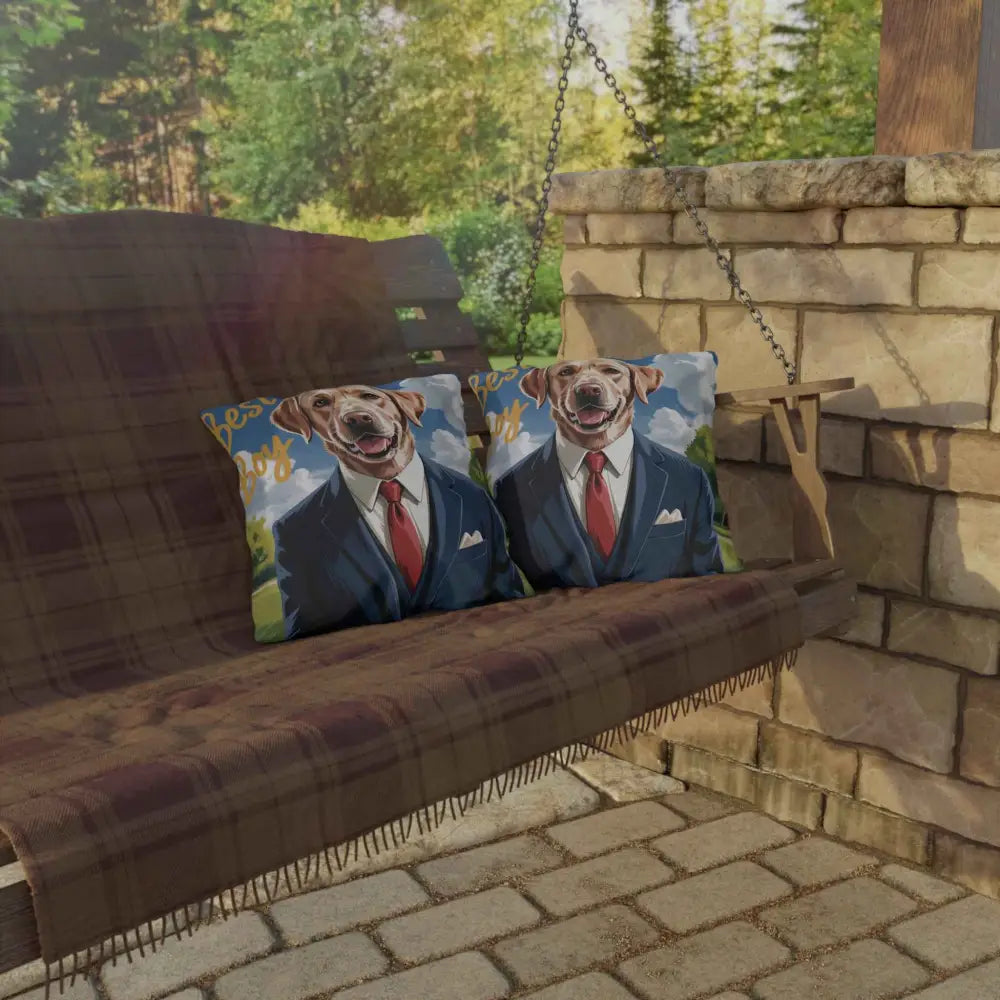 Wooden porch swing with outdoor pillows for pet lovers featuring dog-themed decorative cushions