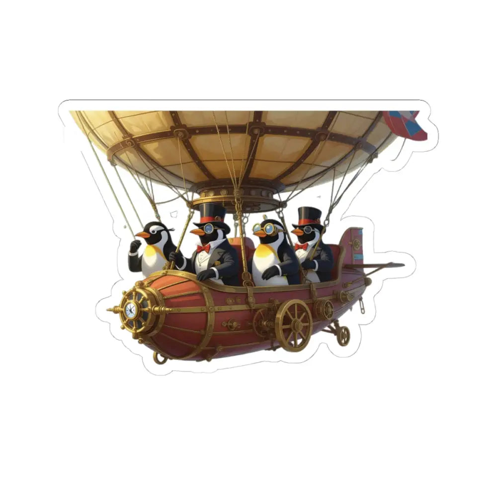 Steampunk penguin airship sticker on glossy vinyl whimsical penguin balloon decor