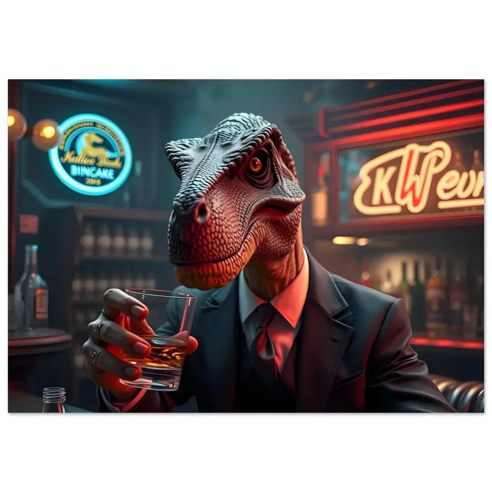 Dinosaur in a suit holding a glass of amber whiskey for PixiOnyx Whiskey Raptor Poster