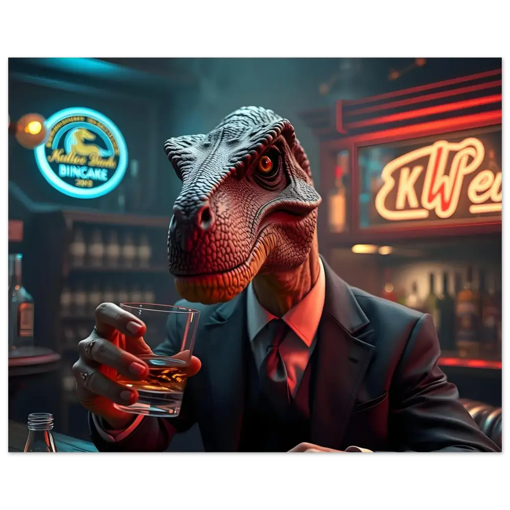 Dinosaur in a suit holding a drink displayed on Whiskey Raptor Poster by PixiOnyx Fine Art