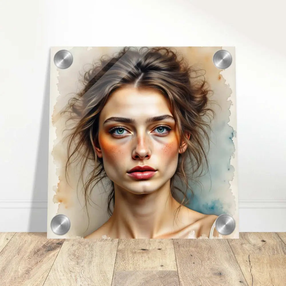Portrait takes on a crystal-clear acrylic pane with clarity beneath, in Whispers in the Watercolor Mist wall art