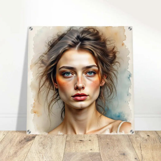 Watercolor-style portrait of woman with disheveled brown hair on crystal-clear acrylic pane
