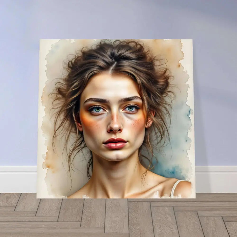 Watercolor portrait of a woman with blue eyes and messy brown hair on aluminum fine art print