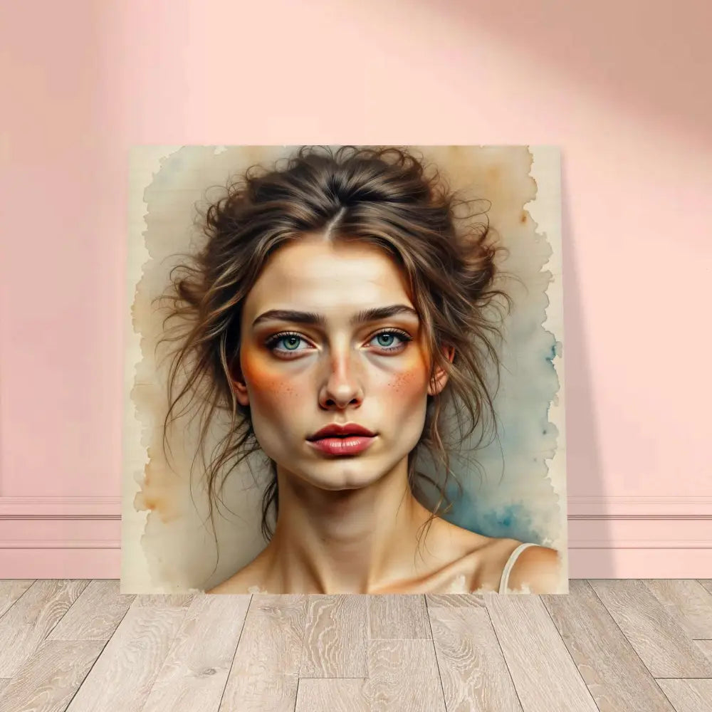 Watercolor portrait of woman with blue eyes and brown hair printed directly on natural wood