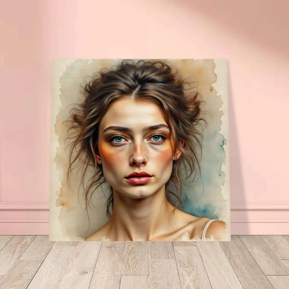 Watercolor portrait of auburn-haired woman with blue eyes printed directly on natural wood