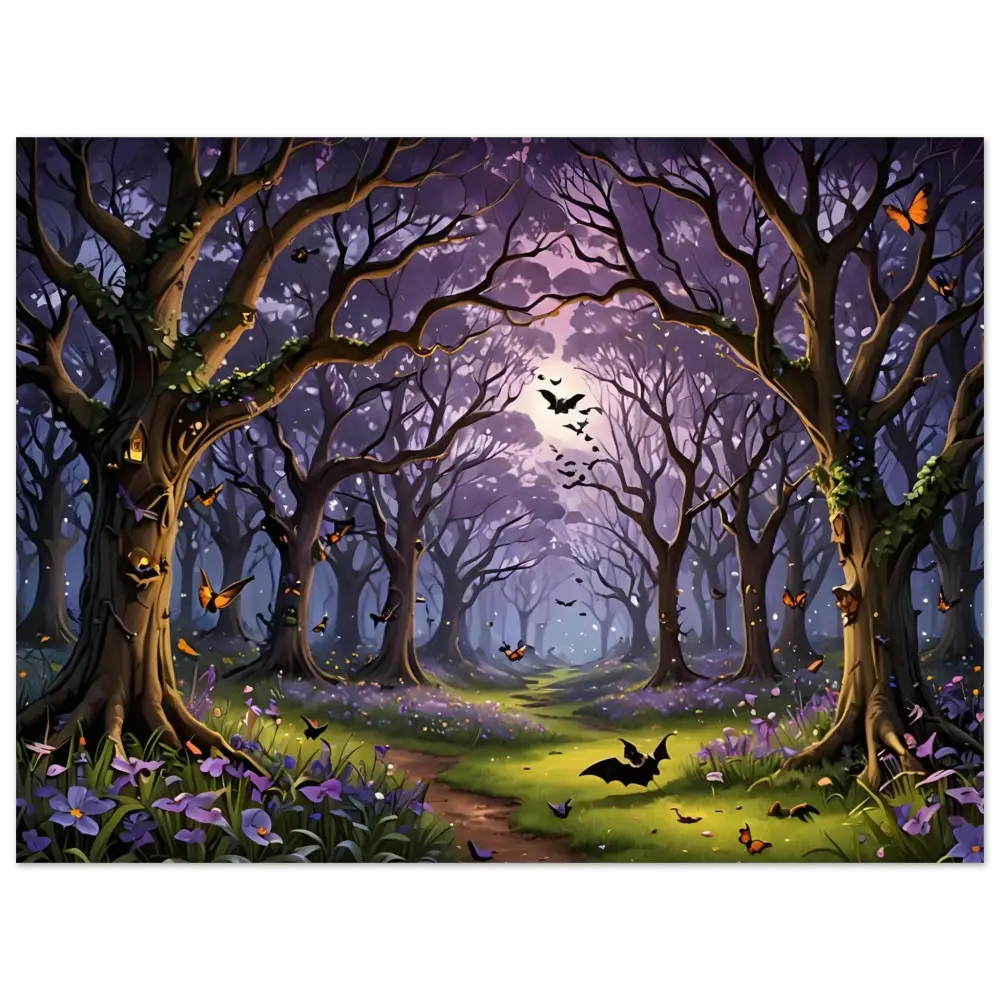 Enchanted forest with bats and butterflies on PixiOnyx Aluminum Print Whispers of the Forest