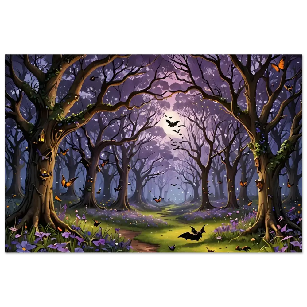 Enchanted forest scene with bats and butterflies on PixiOnyx Aluminum Print