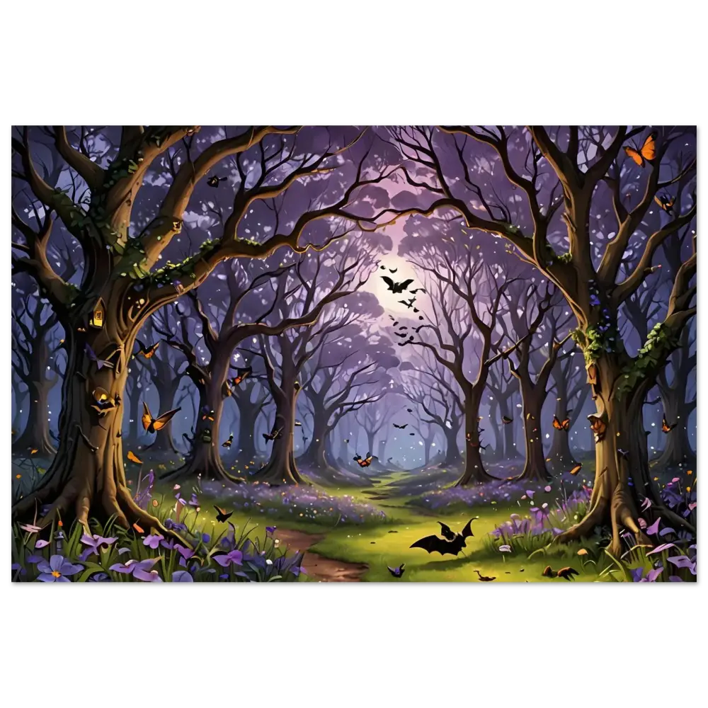 Enchanted Forest aluminum print with bats and butterflies by PixiOnyx