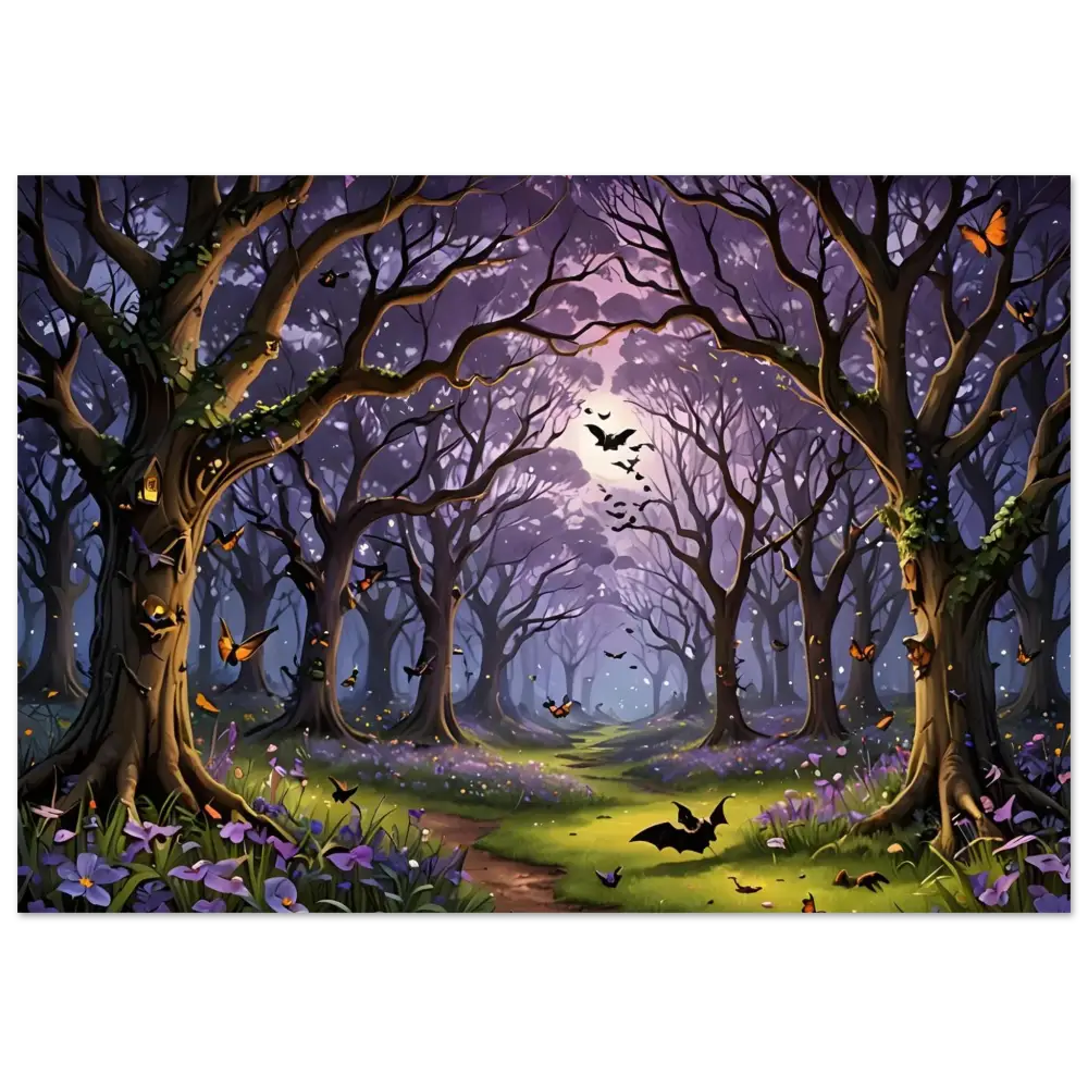 Enchanted forest with bats and butterflies featured in Whispers of the Enchanted Forest poster