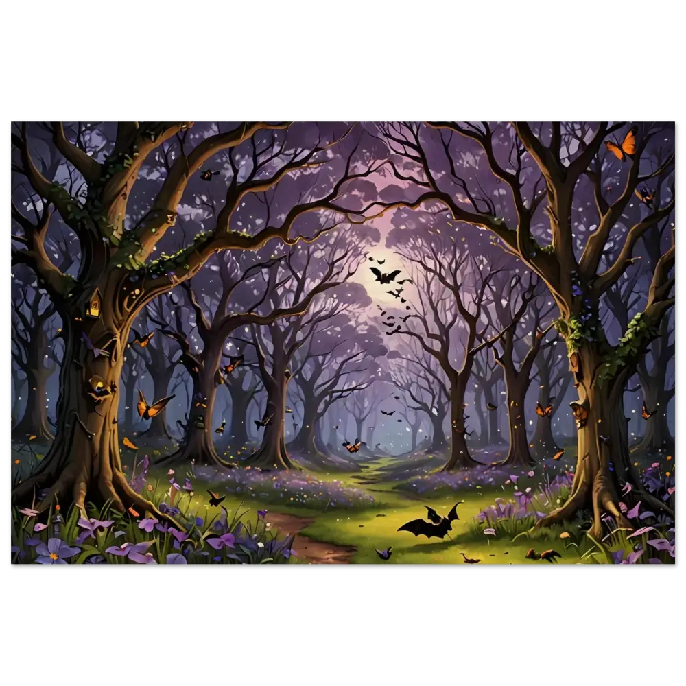Spooky forest scene with bats and butterflies on PixiOnyx Whispers of the Enchanted Forest wood print