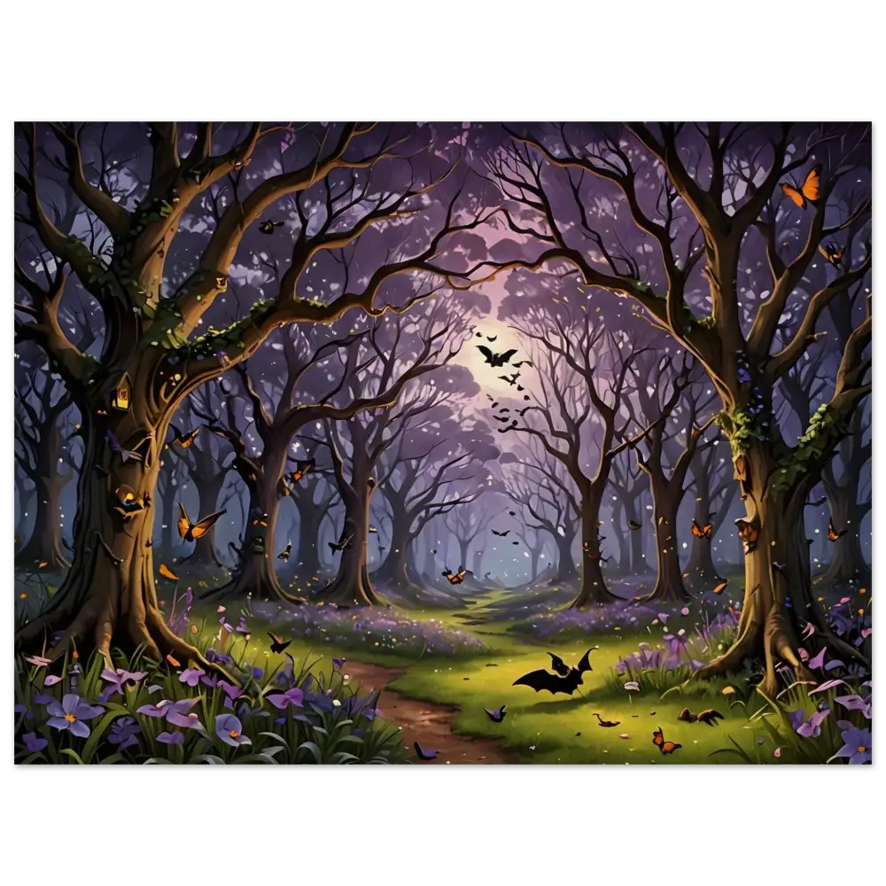Enchanted Forest wood print with bats and butterflies for a magical wall decor display