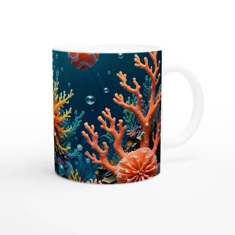 White 11oz Ceramic Mug with Coral Reef Design from PixiOnyx Oceanic Brew