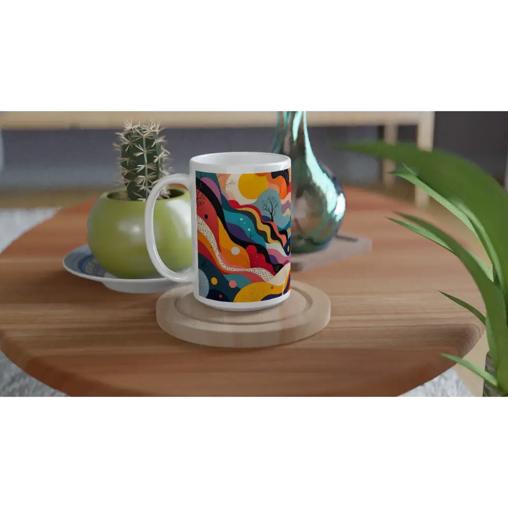 Colorful abstract-patterned ceramic mug featuring Psychedelic Landscape Flowstate design