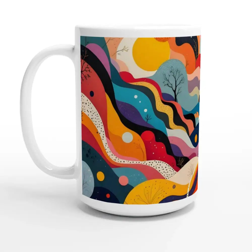 White ceramic mug with colorful abstract Psychedelic Landscape Flowstate design