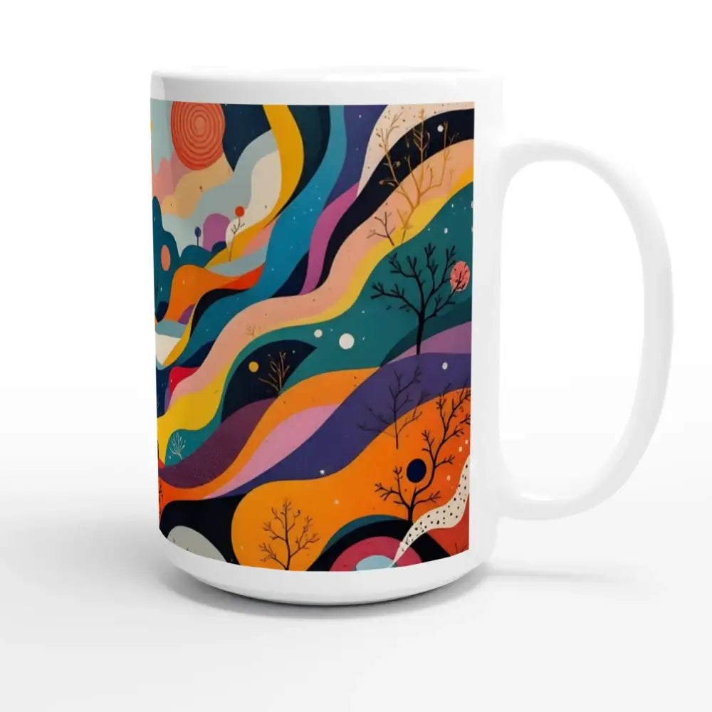 White 15oz Ceramic Mug with colorful psychedelic landscape abstract art design
