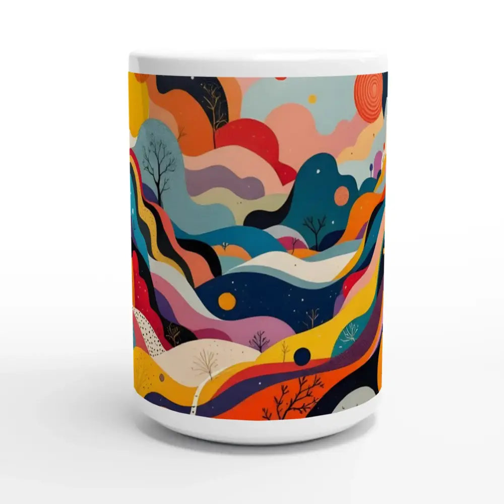 Colorful abstract landscape ceramic mug featuring psychedelic flowstate design by PixiOnyx